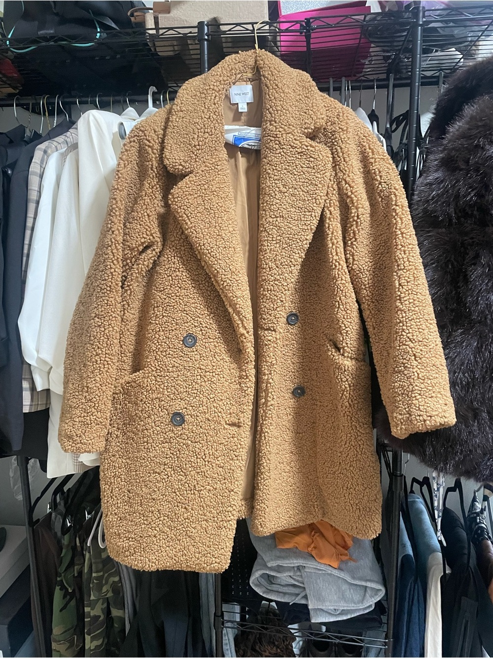 Express Camel Brown Teddy Coat with Double-Breasted Front